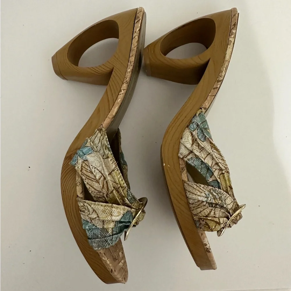 Petals Bling Jacquard Cork-Look Platform Mules Gold Ring Y2K Size 7